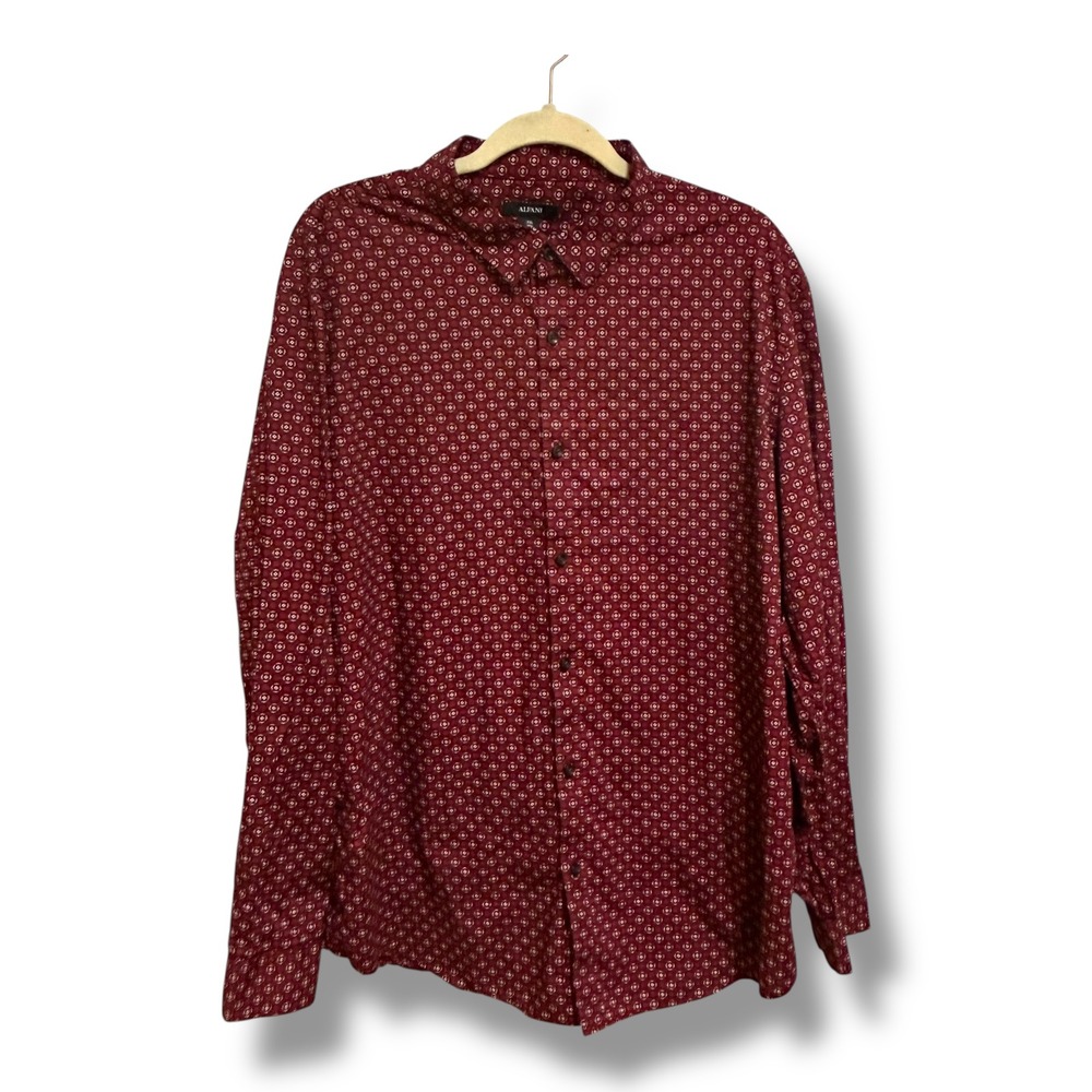 Alfani Mens XXL Burgundy Geometric Medallion Print 100% Cotton Button Down Shirt